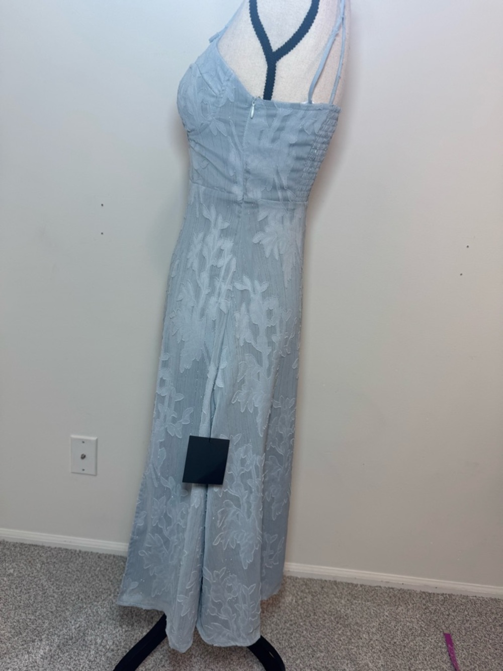 NWT  Lulus Blue Floral Jacquard Sweetheart Midi Dress XS Slit Tie Strap Smocked - Picture 6 of 15